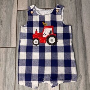 Boys Mud Pie Tractor Check Jon Jon Blue & White Gingham Sleeveless Romper 9-12M